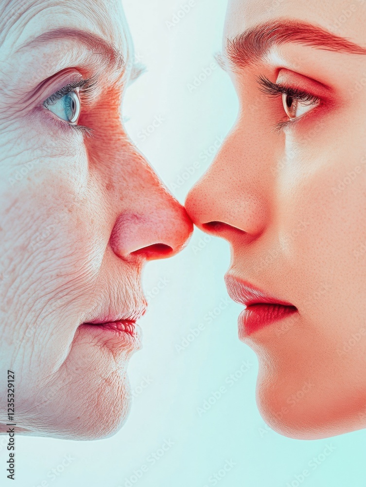 Poster contrasting faces showcase the passage of time and human experience through aging and youth. generat