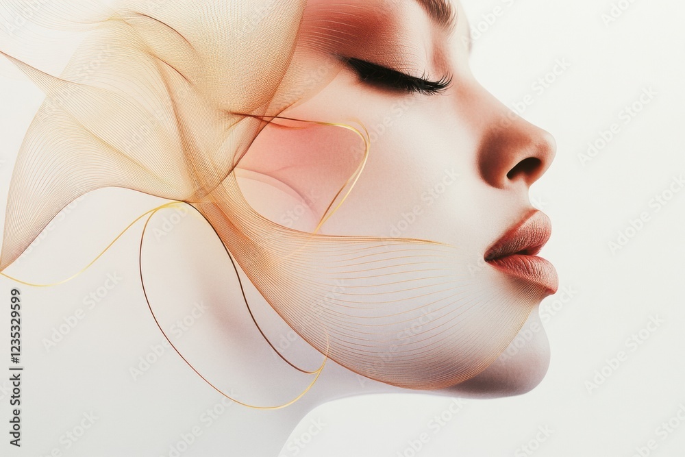 Aufkleber Profile of a womans face highlighting the golden ratio with delicate lines and soft colors in a minimalist style. Generative AI