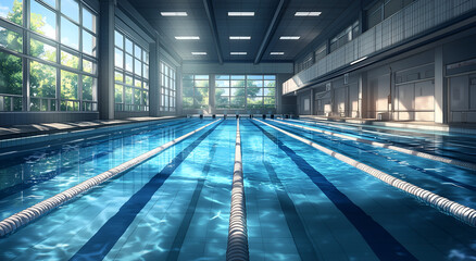 Naklejka premium swimming pool with an indoor swimming facility, featuring long lines of blue and white tiles on the floor. 