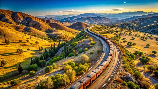 Panoramic Aerial View of Train on Tehachapi Loop Railway, California