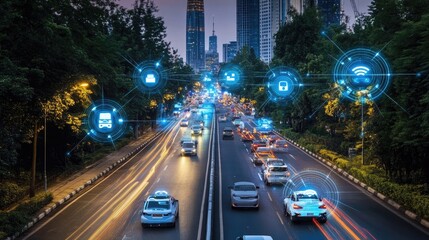 Obraz premium A futuristic smart city with autonomous vehicles and AI-driven traffic control.