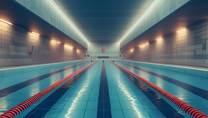 swimming pool with an indoor swimming facility, featuring long lines of blue and white tiles on the floor. 
