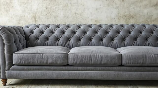 Elegant gray tufted sofa perfectly complements a modern living room with vintage decor elements