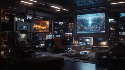 A futuristic smart living room with holographic entertainment systems.