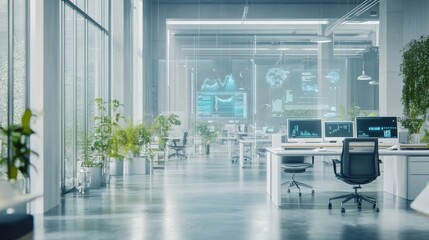 A futuristic workspace concept with a transparent digital interface displaying tasks.