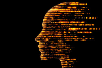 Digital human head silhouette composed of binary code, artificial intelligence concept, futuristic technology background, machine learning, cyber security, big data, AI innovation, neural network.