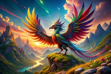 Fototapeta premium Panoramic Fantasy: Mythical Bird with Dragon Wings Soaring Over Majestic Landscape