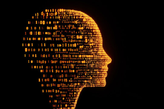 Digital human head silhouette composed of binary code, artificial intelligence concept, futuristic technology background, machine learning, cyber security, big data, AI innovation, neural network.