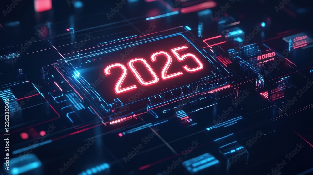 Poster futuristic digital calendar shows the year 2025 in a sleek technological design with vibrant colors 