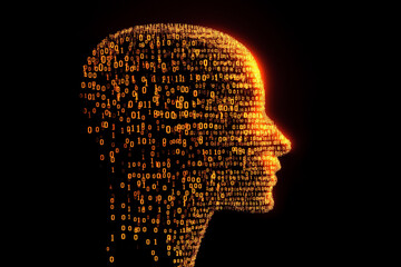 Digital human head silhouette composed of binary code, artificial intelligence concept, futuristic technology background, machine learning, cyber security, big data, AI innovation, neural network.
