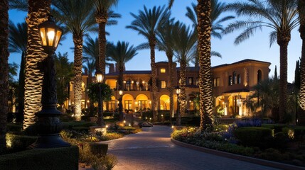 Fototapeta premium A grand luxury estate surrounded by lush gardens and elegant outdoor lighting.
