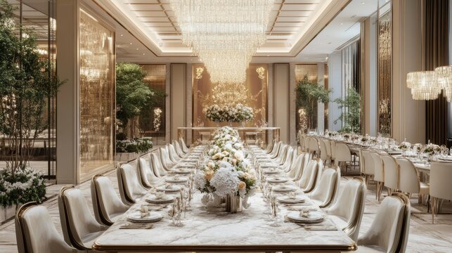 A grand dining hall with a long marble table, chandeliers, and elegant dinnerware.