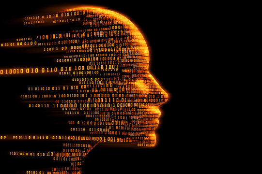 Digital human head silhouette composed of binary code, artificial intelligence concept, futuristic technology background, machine learning, cyber security, big data, AI innovation, neural network.