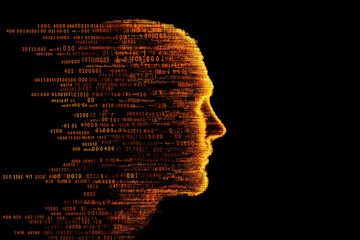 Digital human head silhouette composed of binary code, artificial intelligence concept, futuristic technology background, machine learning, cyber security, big data, AI innovation, neural network.