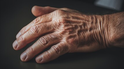 aged hand resting on dark surface