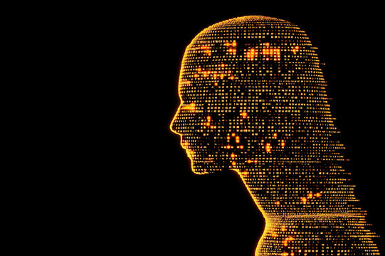 Digital human head silhouette composed of binary code, artificial intelligence concept, futuristic technology background, machine learning, cyber security, big data, AI innovation, neural network.