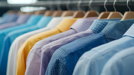 Obraz premium Row of colorful men's dress shirts hanging on wooden hangers in a retail clothing store.