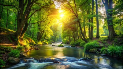 Fototapeta premium Panoramic Serene River Flowing Through Lush Green Forest - Nature Landscape Photography