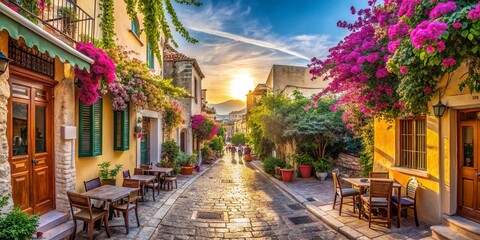 Fototapeta premium Panoramic View of Athens Old Town Street: Charming Greek Architecture and Cobblestone Streets