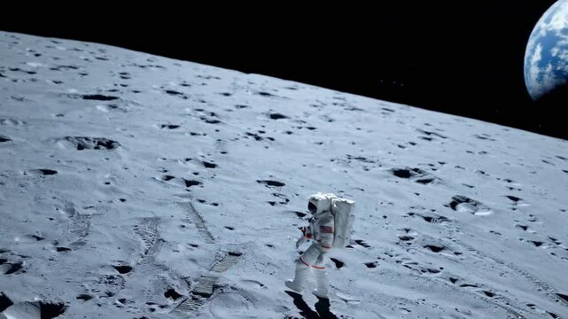 White-suited explorer leaves tracks across moon's desolate plain. Blue planet Earth emerges dramatically above stark lunar terrain. Static shot captures interplanetary vista.
