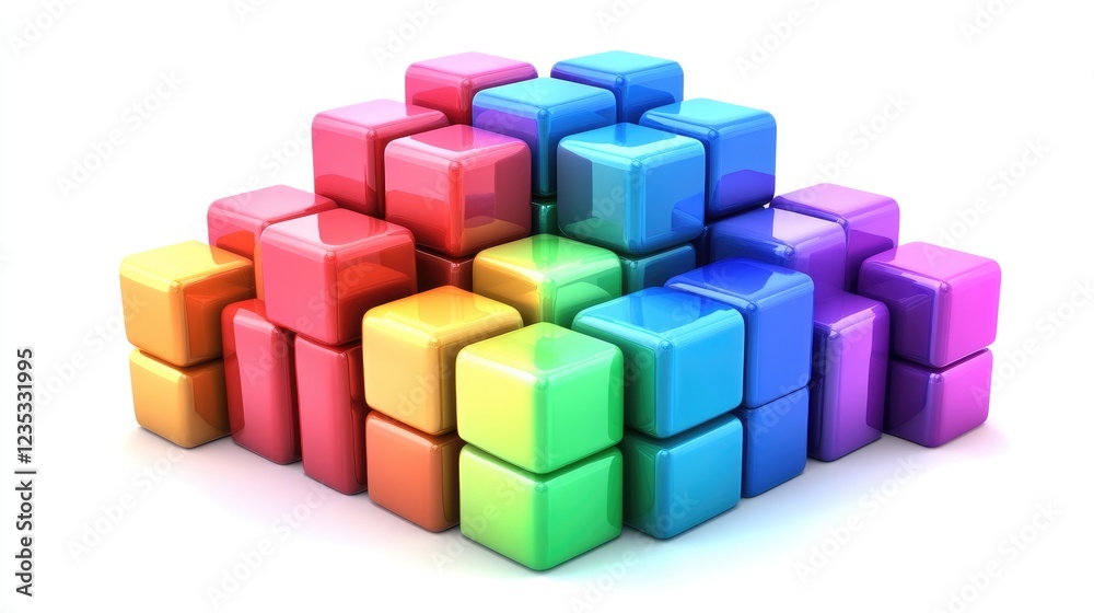 Poster abstract representation of collaboration using colorful d cubes forming a structure.
