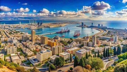 Naklejka premium Panoramic View of Haifa Harbor and Skyline in Winter
