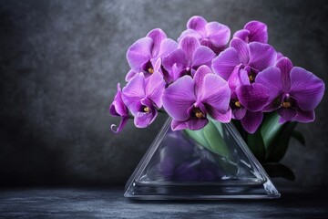 Purple Orchids in a Geometric Glass Vase