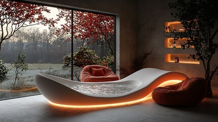 Serene Autumnal Spa Retreat: Modern bathtub design with LED lights, offering a tranquil escape amidst the beauty of fall foliage