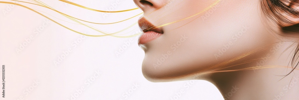 Poster silhouette of a womans face highlighting golden ratio lines and soft flowing hair against a light ba