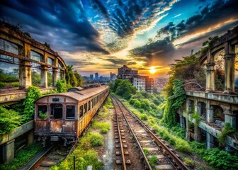 Obraz premium Panoramic View: Ruined City Train Tracks - Post-Apocalyptic Scenery Stock Photo