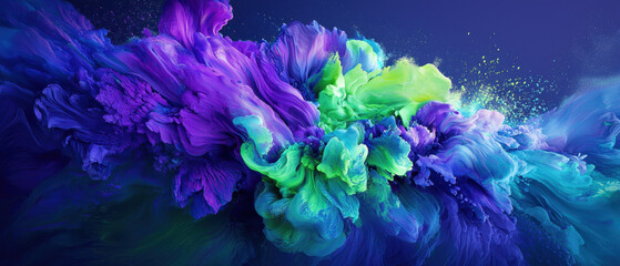 Vibrant explosion of blue and green powder in dark background
