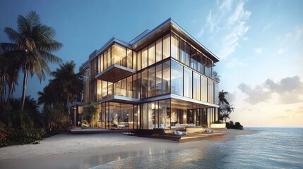 Obraz premium A luxurious beachfront property with expansive glass walls and modern architecture.