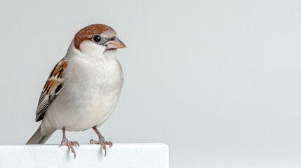 Fototapeta premium Sparrow perched on white, simple background, nature photography