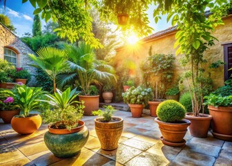 Obraz premium Patio with Ceramic Pots and Lush Plants