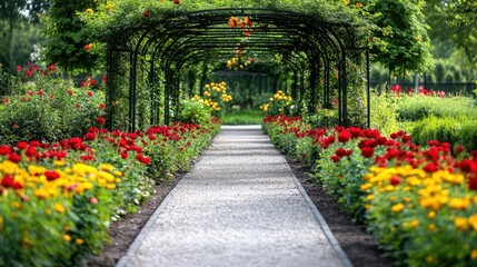 Obraz premium A symmetrical garden with red roses and yellow marigolds surrounding a walkway.