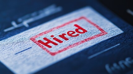 Checklist with Hired stamped in red ink, deep navy blue background.