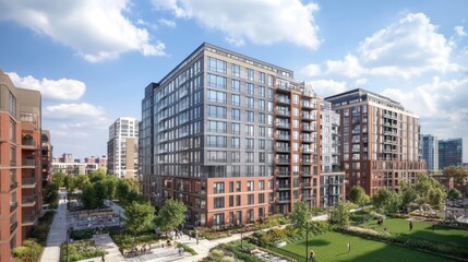 A modern apartment complex featuring an outdoor yoga deck surrounded by greenery.