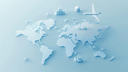Global Travel Concept with Airplanes, Cities, and Clouds on a Blue Background