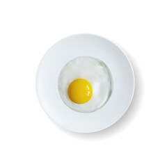 Plate with fried egg top view on white background. 3d plate with fried egg top view