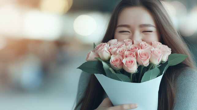 Young woman holding bouquet of pink roses, smiling happily, romantic gift, fresh flowers, love and appreciation, soft bokeh background, joyful expression, warm emotional moment, celebration. - Powered by Adobe