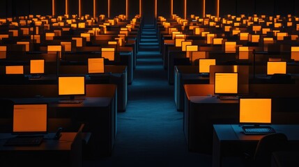 Obraz premium Corporate office cubicles with clean, symmetrical workstations and soft lighting.