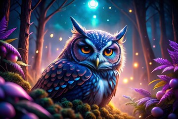 Naklejka premium Playful Winking Owl: Surreal Nighttime Forest Portrait