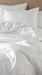 Luxurious satin duvet cover in pearl white gleaming under soft light