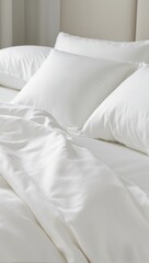 Luxurious satin duvet cover in pearl white gleaming under soft light