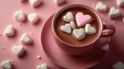Cup of hot cocoa with heart-shaped marshmallows, warm pink background.
