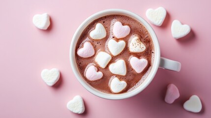 Cup of hot cocoa with heart-shaped marshmallows, warm pink background.