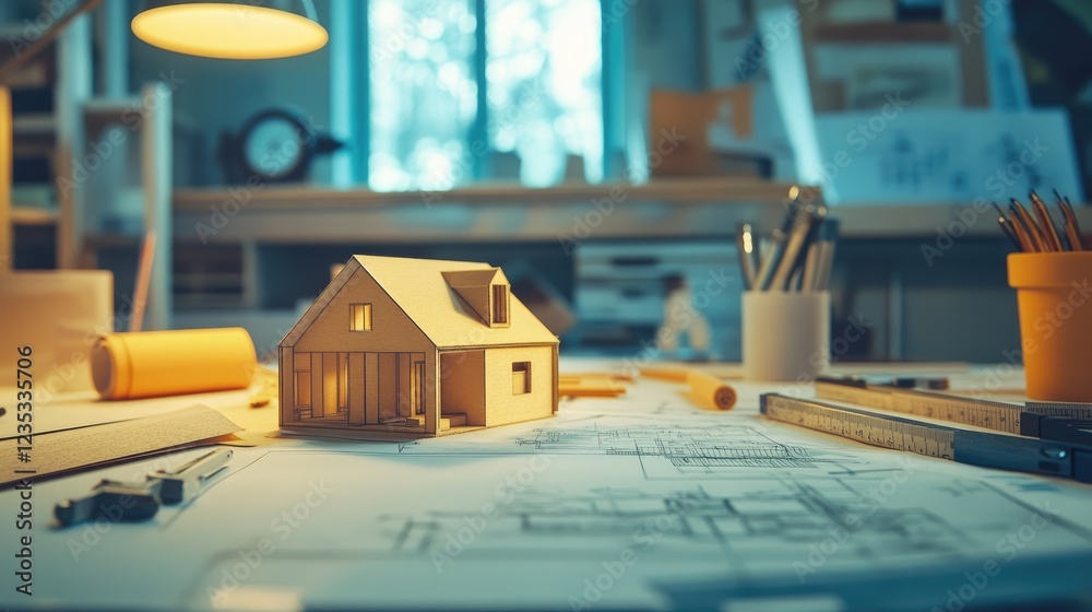 Poster detailed close-up of an architect's workspace with architectural models and measuring instruments.