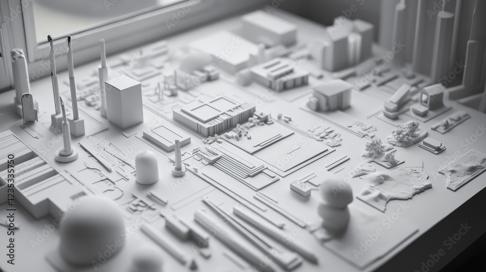 Poster detailed close-up of an architect's workspace with architectural models and measuring instruments.