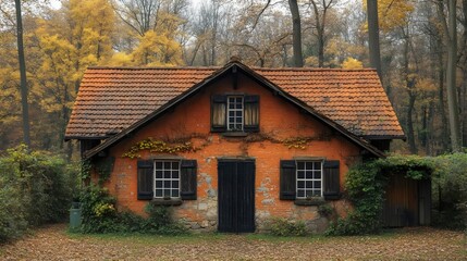 A small red house with a black door and windows