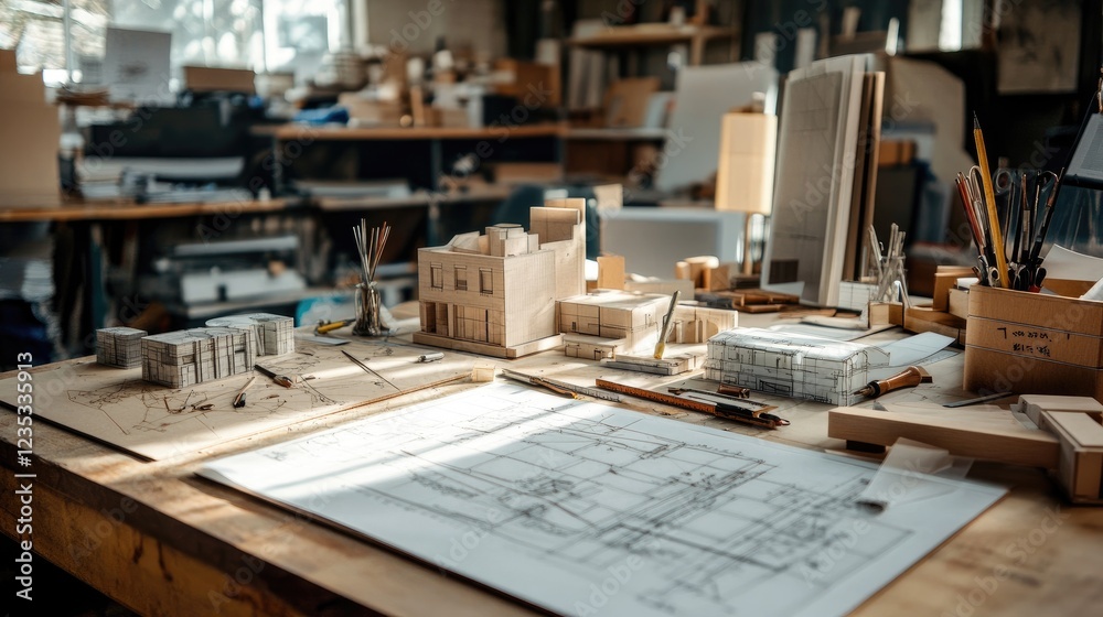 Poster detailed close-up of an architect's workspace with architectural models and measuring instruments.